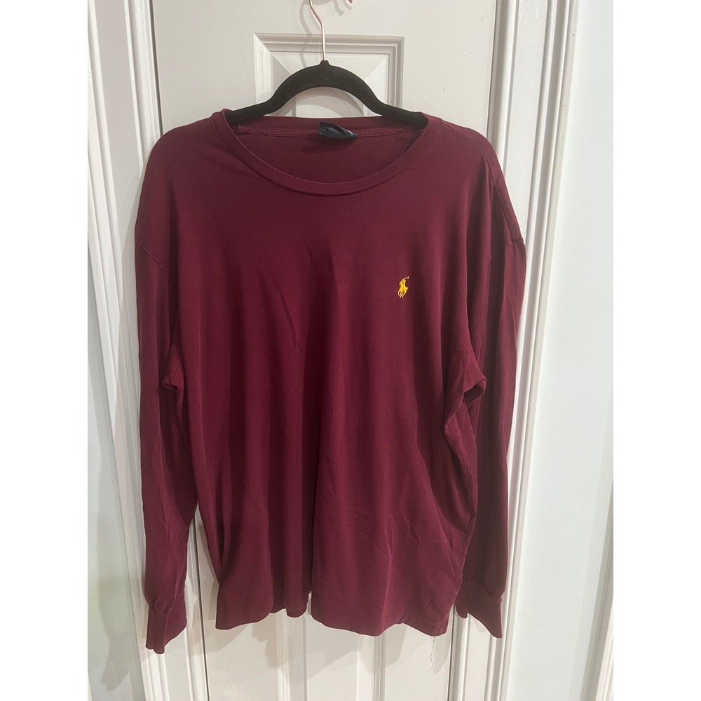 Polo Ralph Lauren Mens Long Sleeve T-Shirt Burgundy Maroon Yellow Pony Logo L